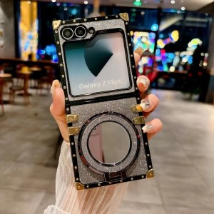 Luxury Glitter Diamond Mirror Bracket Case for Samsung Z Flip 6 5 4 3 Flip6 Flip5 Make up Stand Holder Bling Rhinestone Cover
